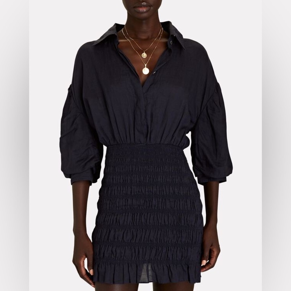 Frame navy smocked ramie mini dress with puff sleeves in size XL